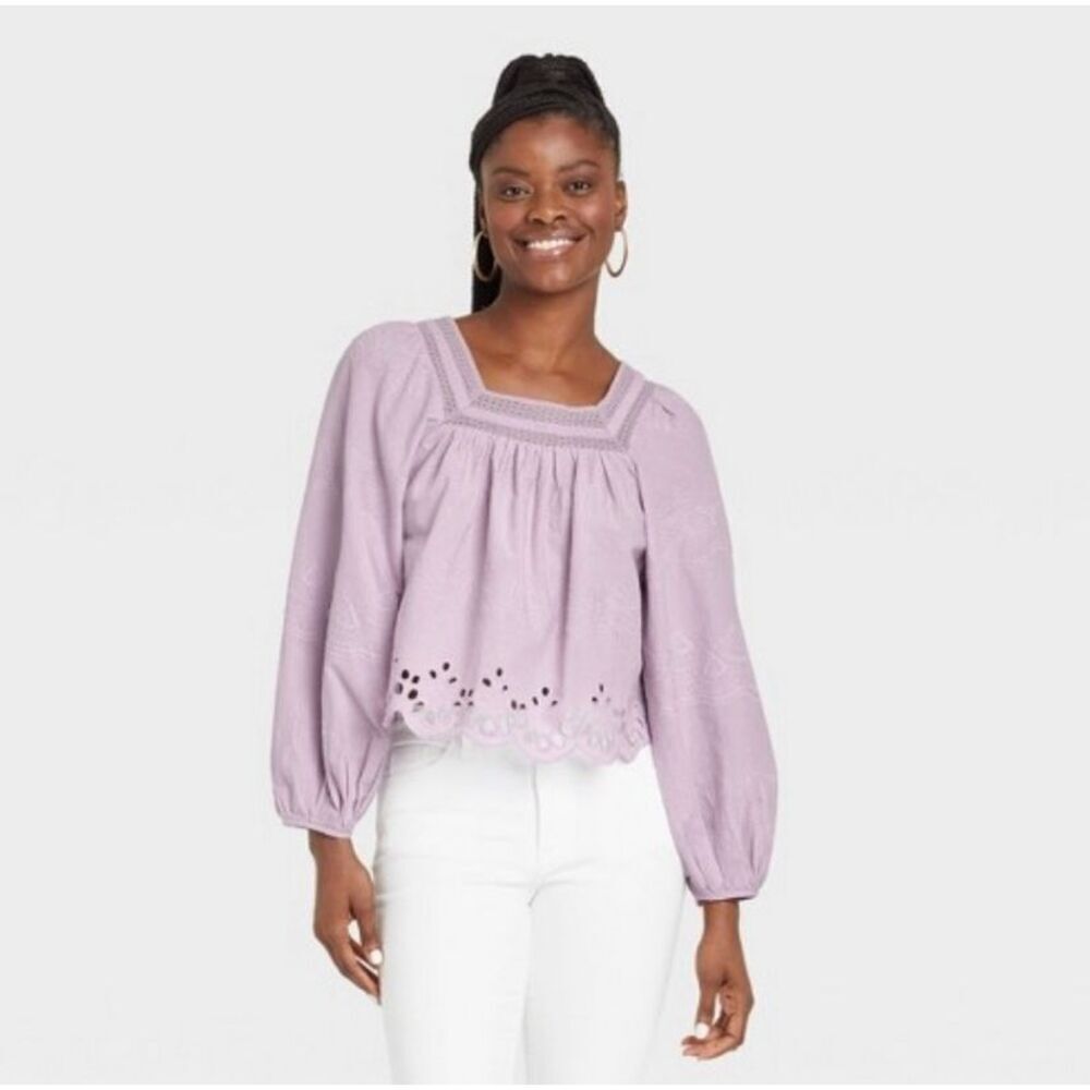 Universal Thread Purple Cropped Long Sleeve Eyelet Boho Blouse Top